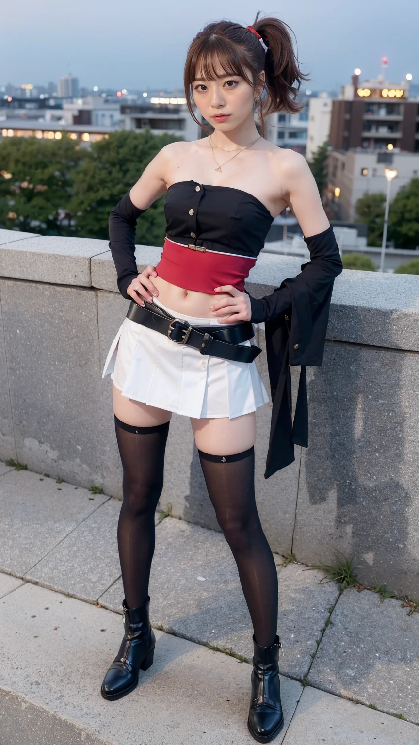 (8K、RAW Photos、Highest quality、masterpiece:1.2)、(Highest quality、Realistic)、1 Girl、((ガーターbelt、Side Ponytail、Tube top、Arm Covers、Ninja costume、mini skirt、Black and Red、tights、Belly button、Gloves、belt、ribbon、See-through、Thin legs、whole body、boots、City of night、View from the front、Looking into the camera、Stand with hands on hips))、cute