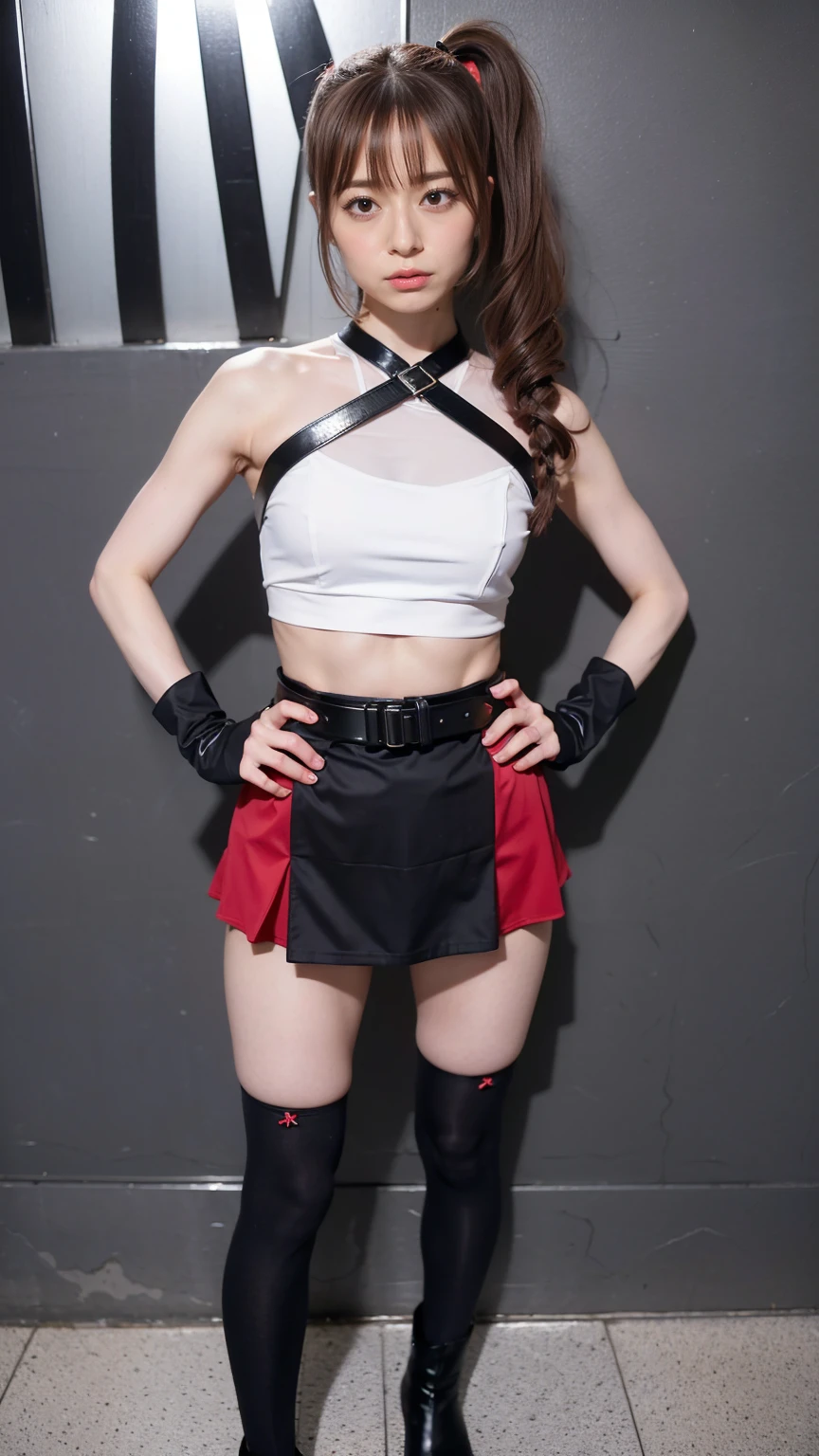 (8K、RAW Photos、Highest quality、masterpiece:1.2)、(Highest quality、Realistic)、1 Girl、((ガーターbelt、Side Ponytail、Tube top、Arm Covers、Ninja costume、mini skirt、Black and Red、tights、Belly button、Gloves、belt、ribbon、See-through、Thin legs、whole body、boots、City of night、View from the front、Looking into the camera、Stand with hands on hips))、cute