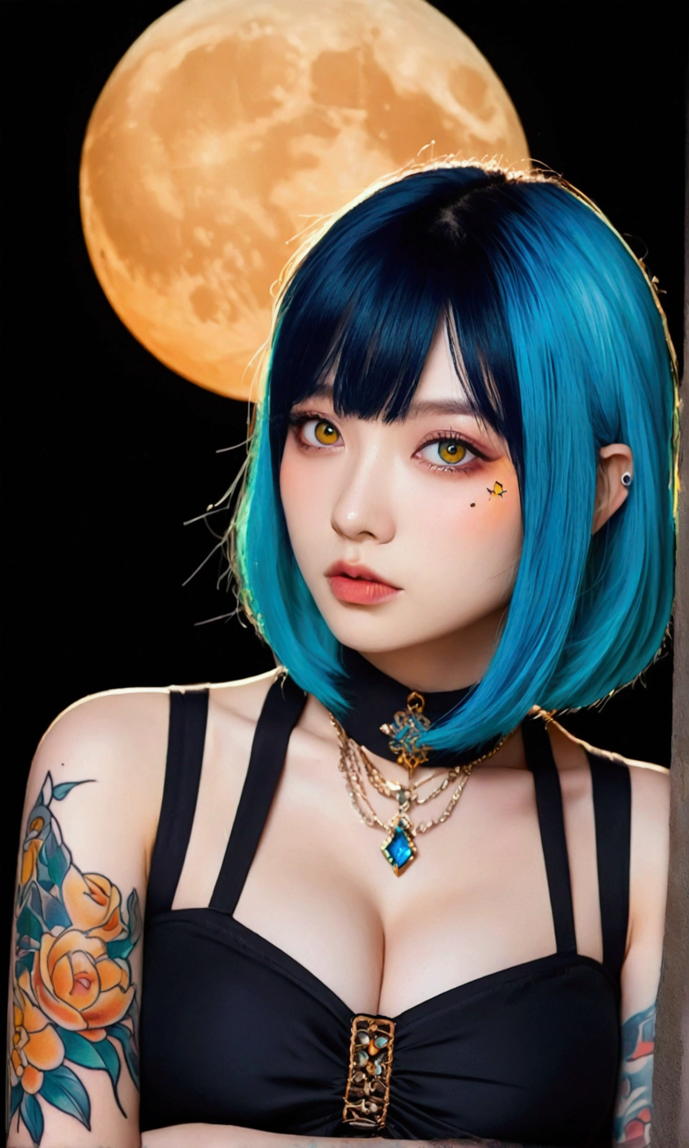 A girl with blue hair and tattoos on her chest， in the style of Kawacy's art style， anime-inspired illustrations， colorful cartoon illustration， yellow eyes， light orange and dark cyan， oshare kei， big breast，portrait of an attractive woman with long bob cut black bangs， gothic fashion theme， vibrant and vivid colors， tattooed neck skin， detailed facial features， in the style of Atey Ghailan， J.C depicts Gothic beauty in the background,