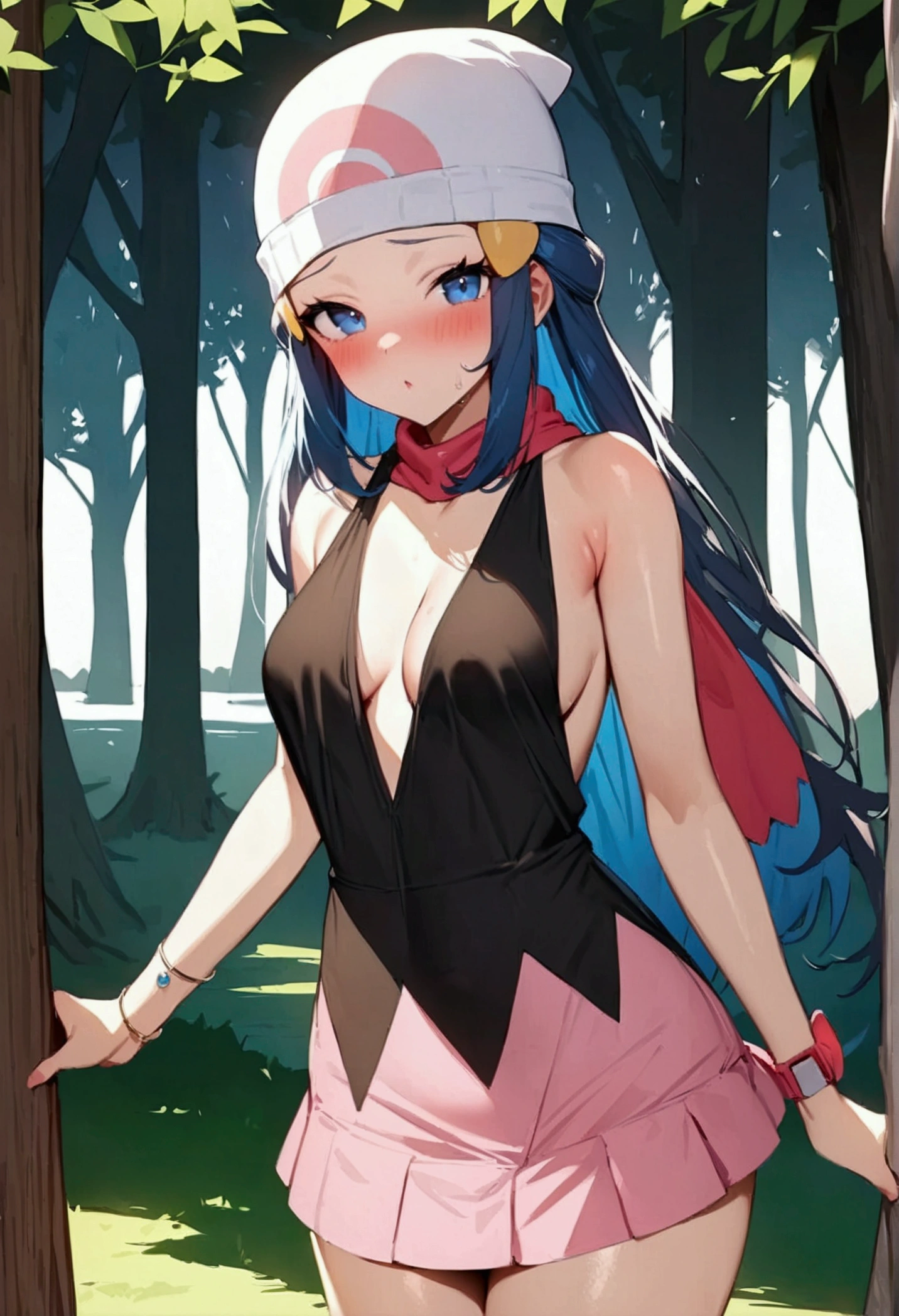 NSFW,masterpiece,Highest quality,High resolution,Super detailed,dawn_\(pokemon\),blue eyes, Blue Hair, Long Hair, Side Lock, Hair Clip, Beanie, Black Dress, No sleeve, Pink Skirt, scarf,blush,in the forest,lake