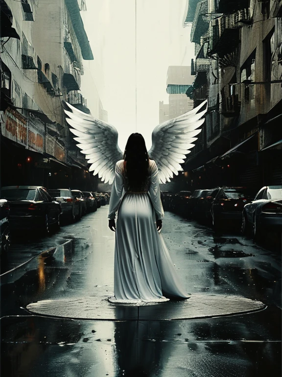 blonde vampire angel girl walking through street at night in rainy day