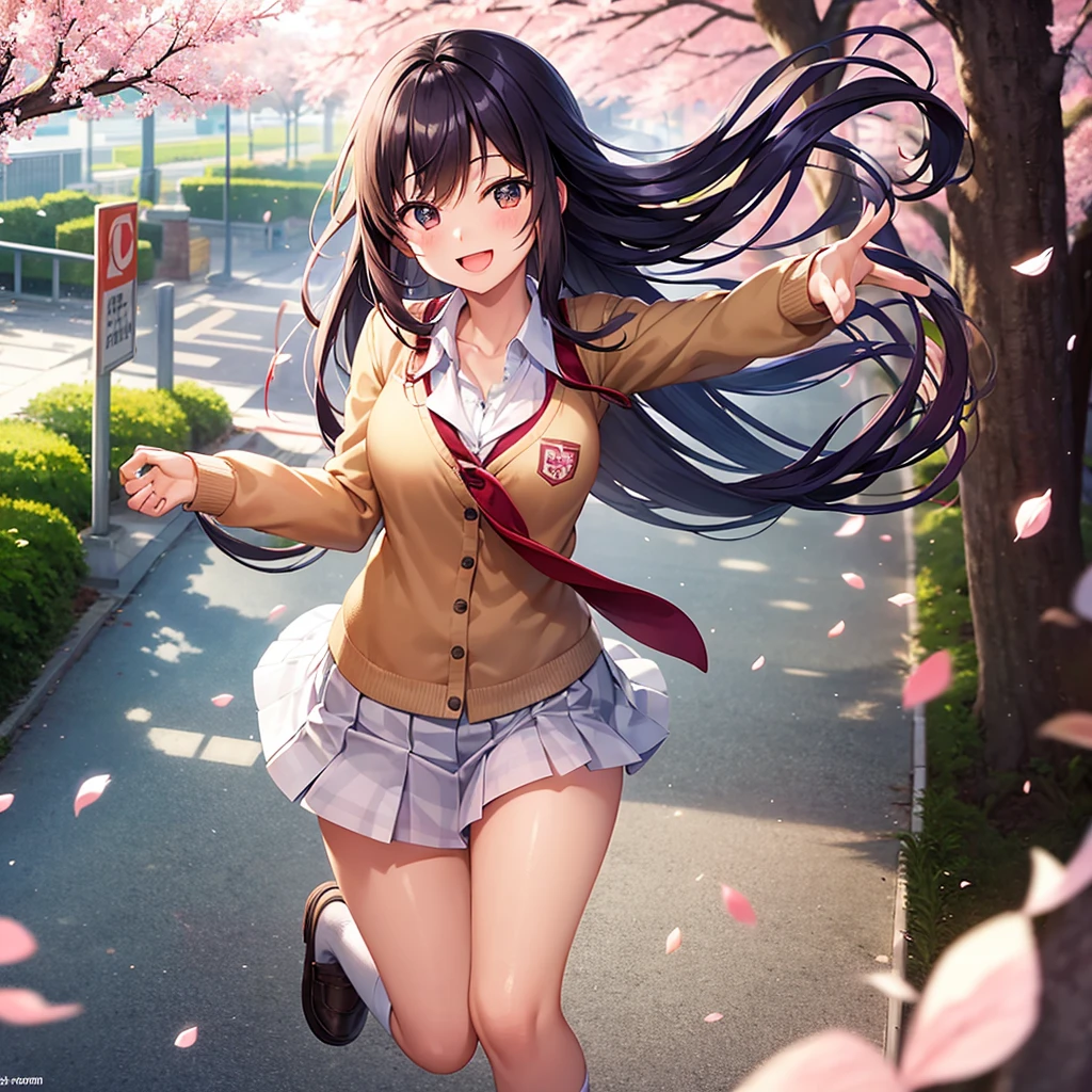 School Life: A cheerful high school student with a bright smile, wearing a , running down a cherry blossom-lined path with petals gently falling around.