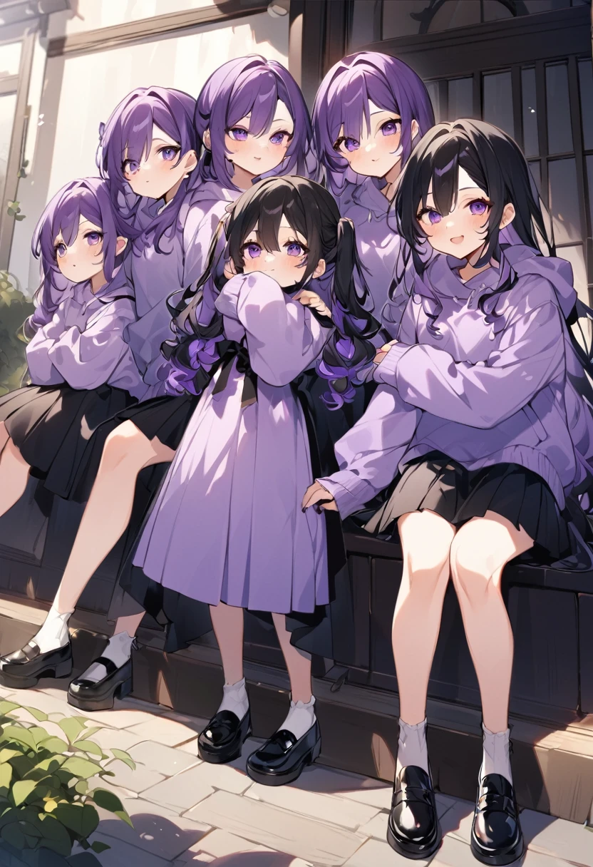 Keito。Purple hoodie。Black Skirt。Purple Eyes。Black Hair。Black shoes下。Black shoes。six sistery eldest daughter has lavender hair.。all female。Sextuplets。