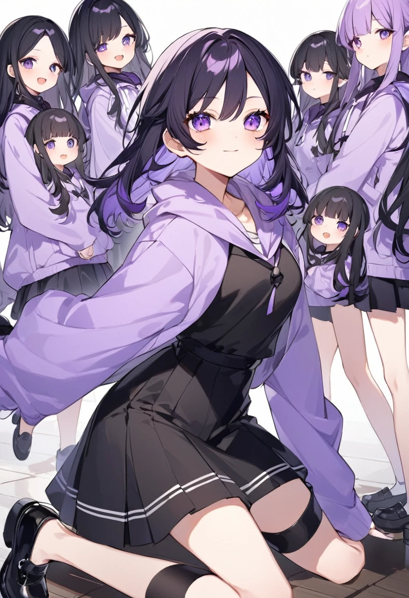 Keito。Purple hoodie。Black Skirt。Purple Eyes。Black Hair。Black shoes下。Black shoes。six sistery eldest daughter has lavender hair.。all female。Sextuplets。