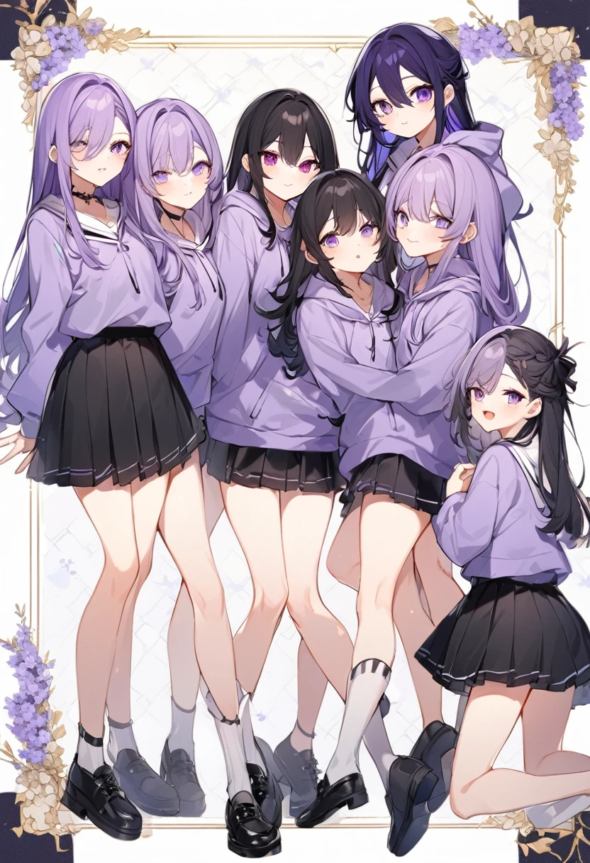 Keito。Purple hoodie。Black Skirt。Purple Eyes。Black Hair。Black shoes下。Black shoes。six sistery eldest daughter has lavender hair.。all female。Sextuplets。