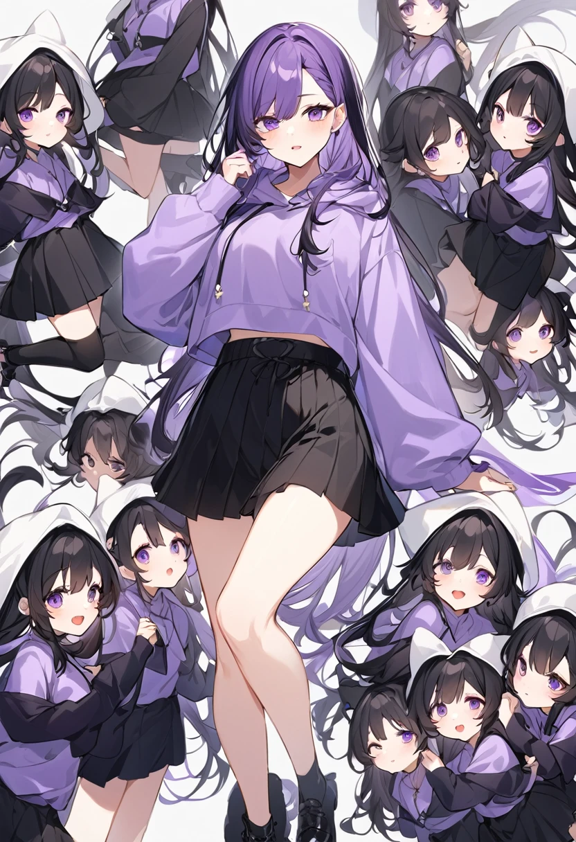 Keito。Purple hoodie。Black Skirt。Purple Eyes。Black Hair。Black shoes下。Black shoes。six sistery eldest daughter has lavender hair.。all female。Sextuplets。