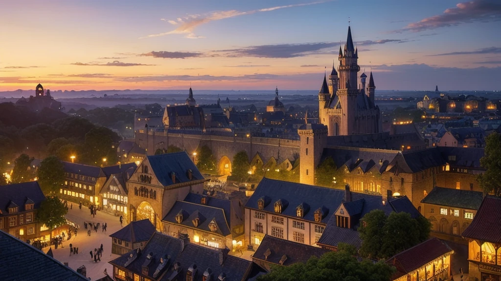 "A bustling medieval fantasy town inspired by Sword Art Online, with realistic and highly detailed architecture. The streets are filled with people wearing intricate and diverse medieval clothing. Market stalls display an array of goods, from fresh produce to magical artifacts. Tall, majestic buildings with gothic spires and glowing crystals dominate the skyline. The atmosphere is lively and vibrant, with the sun casting a warm glow over the entire scene. The backdrop features towering castles and lush green hills."