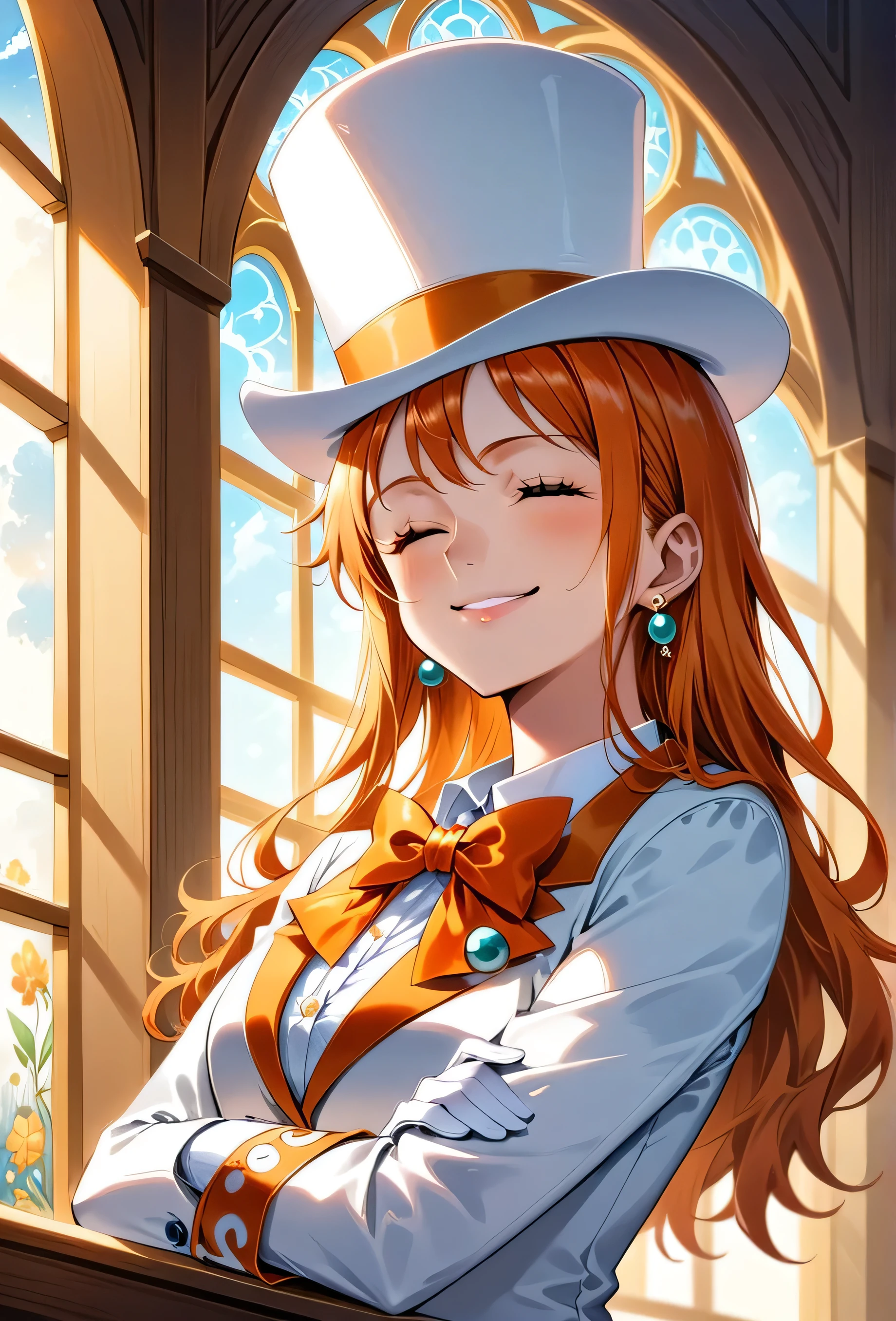 (best quality, hdr, high resolution) Solo, nami (one piece), (((oversized white top hat with orange trim, snuggly fit  over face))), ((a white suit with orange trim, white tuxedo shirt with ruffles, long sleeved , large orange bowtie)), ((white miniskirt with orange trim)), white gloves, white high heels, earrings, (smiling, playful, feisty), ((dapper)), posing in a yellow room with floral etchings and ornate windows, (glamorous pose), close up