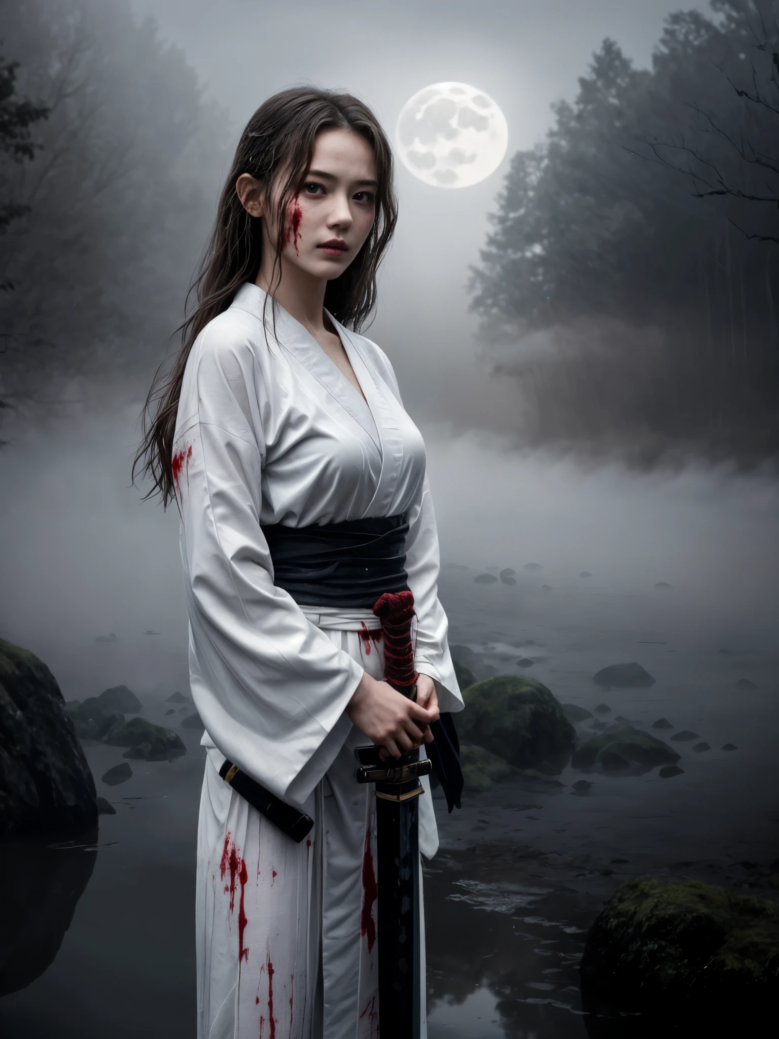 1girl, wearing white kimono (soak with blood:1.2), visible katana handle, detailed face, blood stain, messy long wavy hair, holding katana, pouring rain, river side, eerie glow moonlight, (shrouded by mist:1.2), masterpiece, best quality, cinematic, scabbard, (yo, cute:1.3), (breasts:1.2),