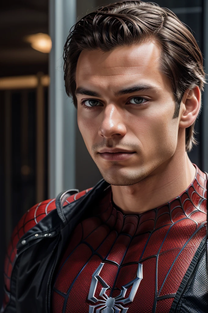 A photograph of spider man, no mask, 20 yo, handsome, detailed face, looking at camera, portrait, 8k uhd, high quality