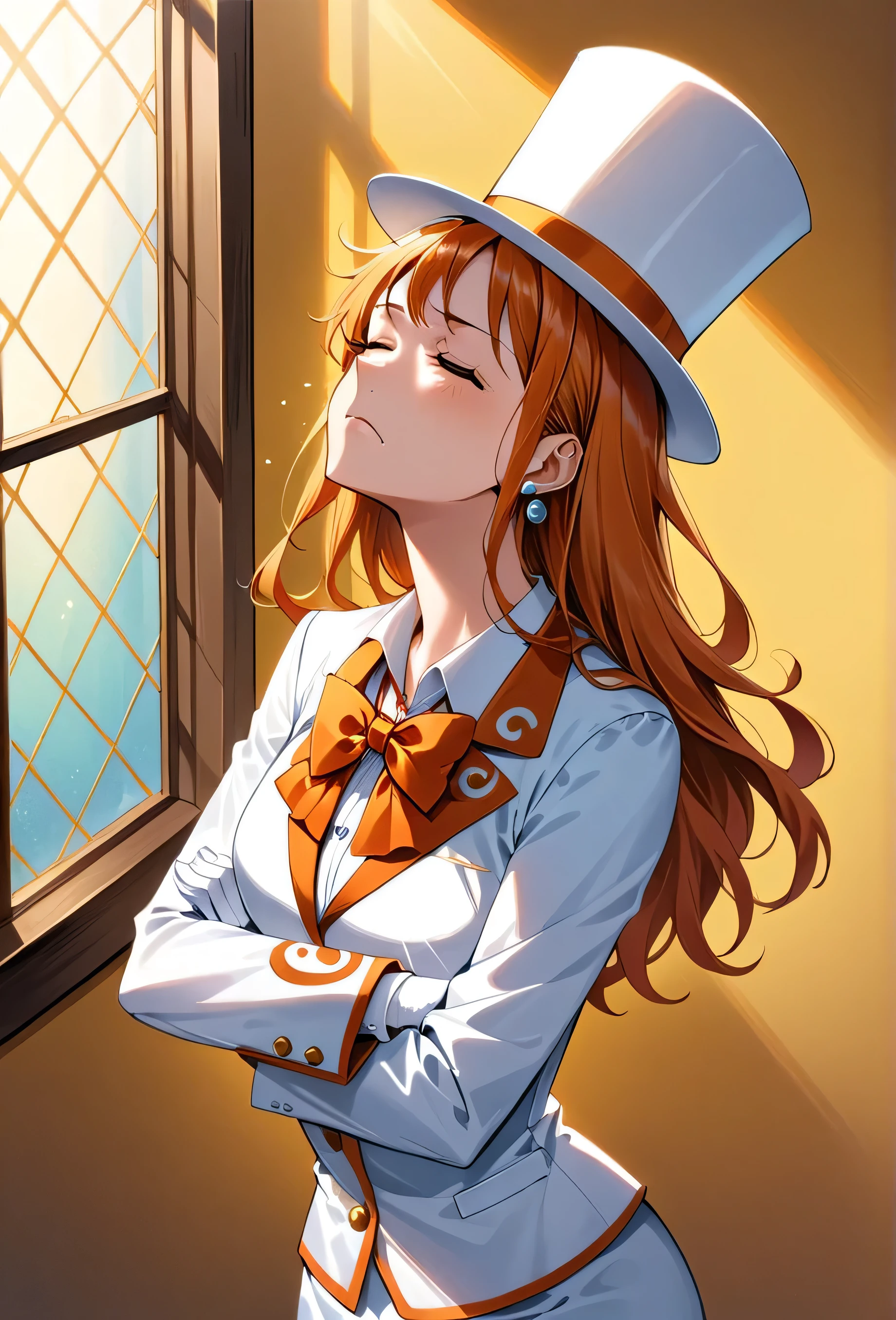 (best quality, hdr, high resolution) Solo, nami (one piece), long hair, (((oversized white top hat with orange trim))), ((a white suit with orange trim, white tuxedo shirt with ruffles, long sleeved , large orange bowtie)), ((white miniskirt with orange trim)), white gloves, orange high heels, earrings, ((irritated, ladylike, graceful)), ((dapper)), (arms crossed), (head looking up and tilted left, chin out), in a yellow hallway with floral etchings and ornate windows,, eyes closed (proper pose), side shot
