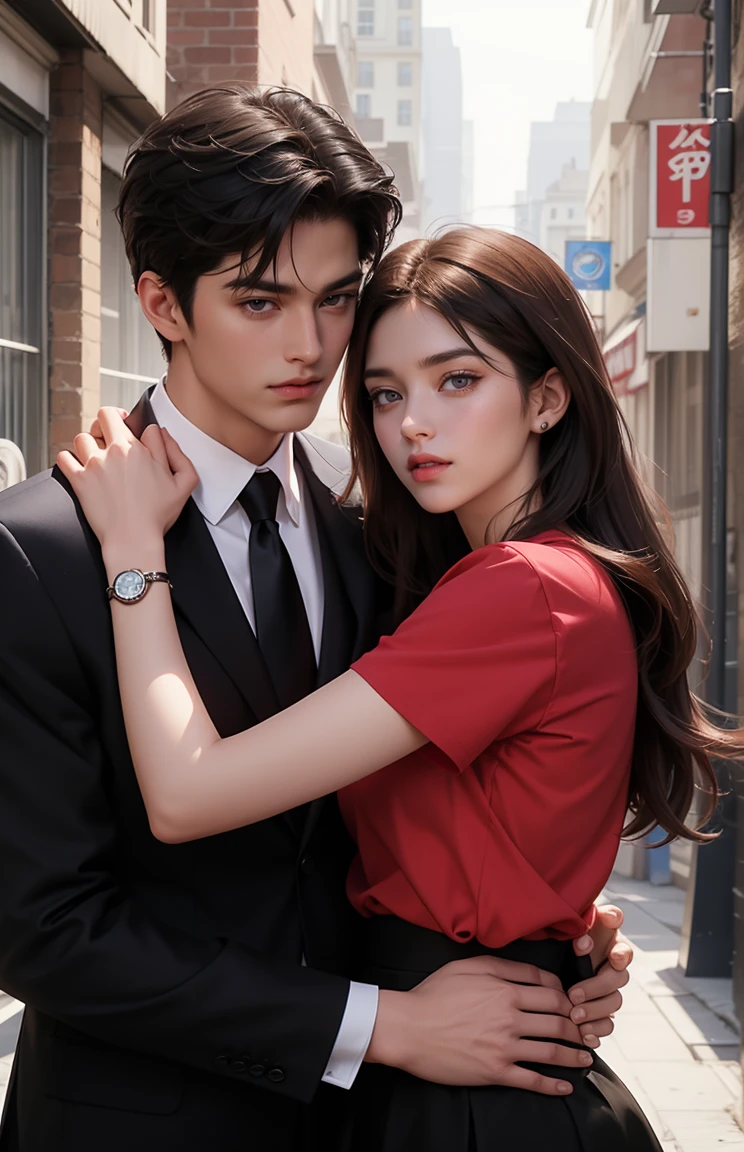 1 man,1woman, woman in long hair, woman look like Dashaa Taran, brown hair, purple eyes, red shirt, black skirt, man in musculair, man look Lee Min Ho, suit, trained, man are taller than woman, hugging romance, background univercity yard