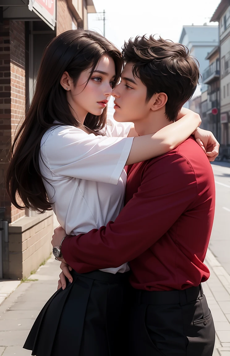 1 man,1woman, woman in long hair, woman look like Dashaa Taran, brown hair, purple eyes, red shirt, black skirt, man in musculair, man look Lee Min Ho, suit, trained, man are taller than woman, hugging romance, background univercity yard