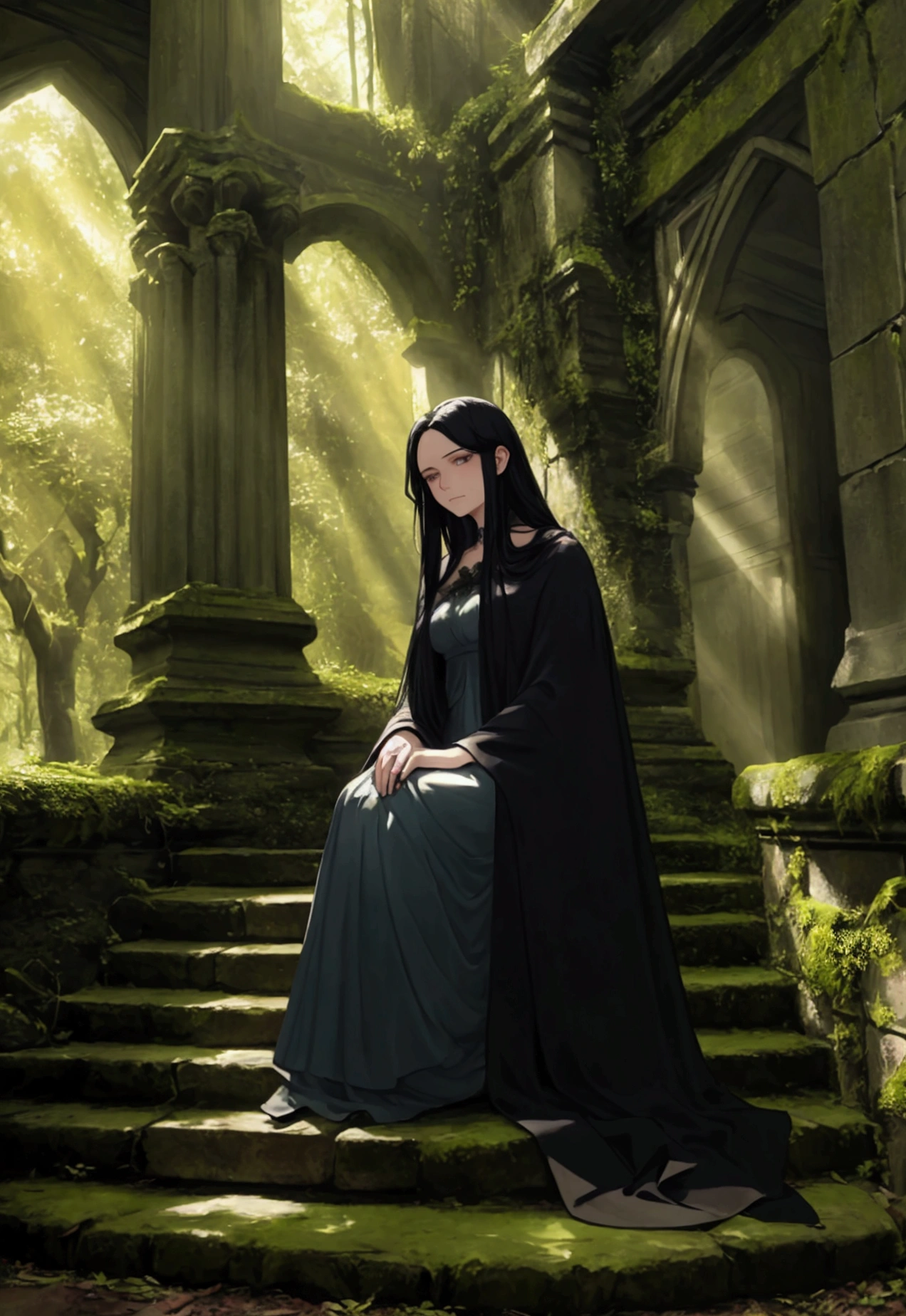 Morgana sits on a weathered stone staircase, at the entrance of an old church covered in moss and embraced by the dense undergrowth of the surrounding forest. Tall trees form a natural canopy, letting just a few rays of sunlight pass through and gently illuminate the scene. She wears the same dark blue cloak decorated with arcane symbols., which now looks even more enigmatic in the soft light of the forest.
Her long black hair is spread around her shoulders, as she looks ahead with a faint smile with a hint of melancholy, She extends her hand to the observer. Ao fundo, the old church, with its mossy stones and vines, looks like a forgotten sanctuary