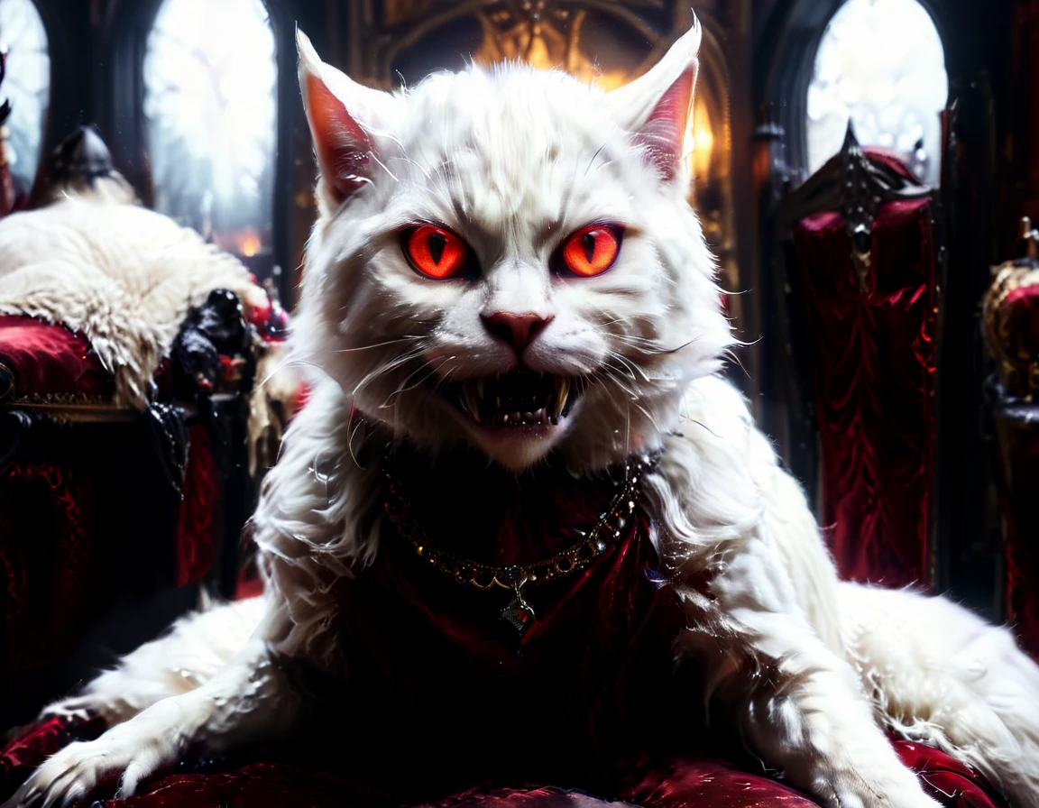 a portrait of vampiric cat, close up portrait of white cat with white fur, shiny fur, red glowing eyes, vampiric feline fangs, he has a red diamond collar, he sits on  a black velvet pillow, intricate detailed pillow, (full body shot: 1.3), dark fantasy library in the background, Ultra-high resolution, High Contrast, (masterpiece:1.5), (anatomically correct: 1.4), highest quality, Best aesthetics), best details, best quality, highres, ultra wide angle, 16k, [ultra detailed], masterpiece, best quality, (extremely detailed), Amber cat eyes, vampire teeth, 