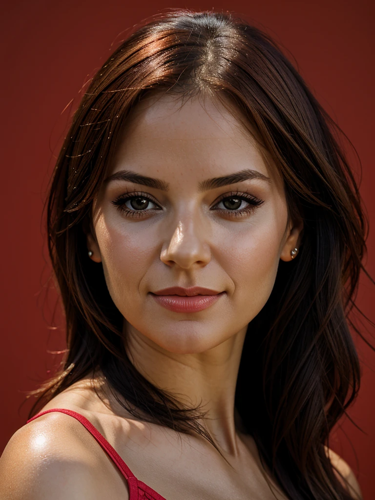 arafed woman with a very small breast posing for a picture, half body portrait of juliana, portrait soft light, medium portrait soft light, side portrait, portrait soft low light, close up half body shot, soft portrait, portrait of morana, body portrait, in red background, glamour portrait, half body portrait, feminine portrait, half-body portrait