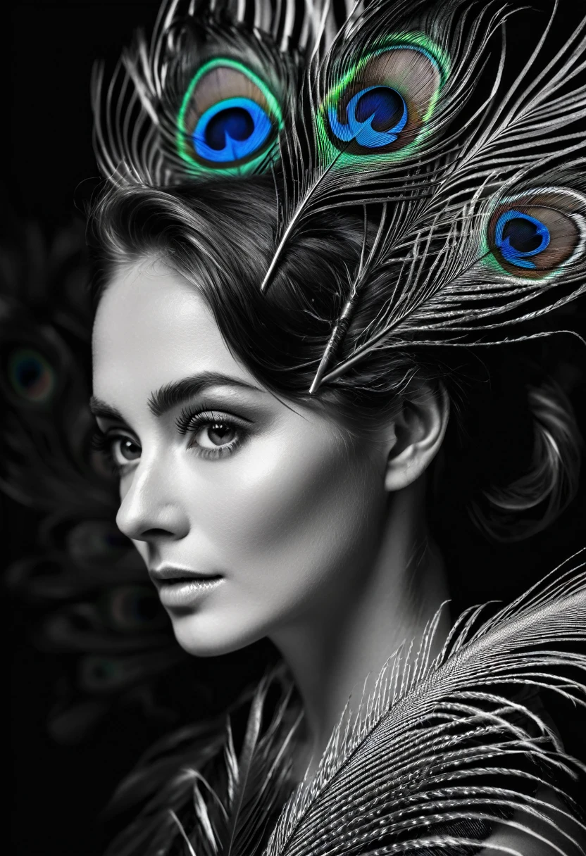 black and white, ultra clear raw photo of woman with a peacock feather, close up, dark background