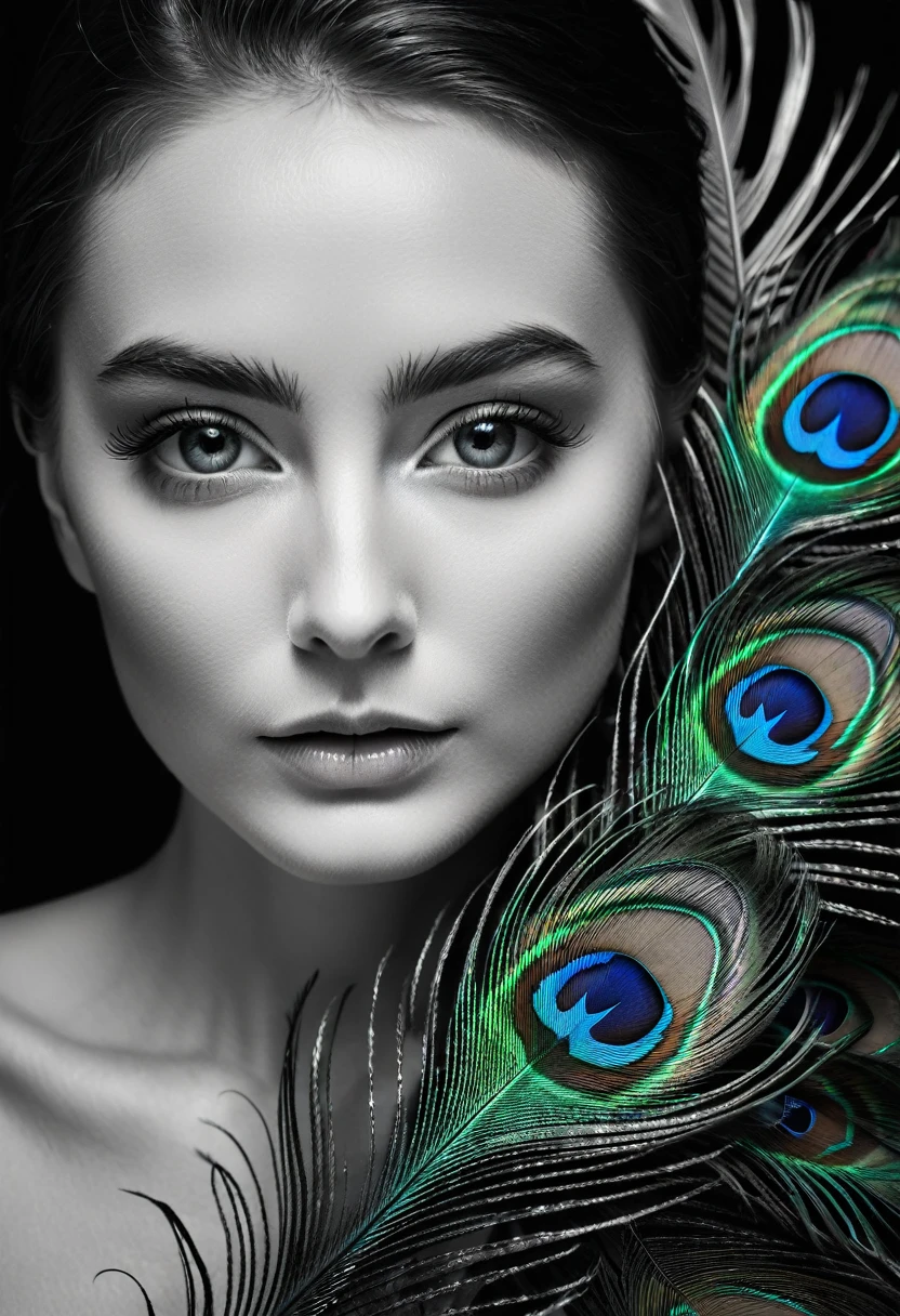 black and white, ultra clear raw photo of woman with a peacock feather, close up, dark background