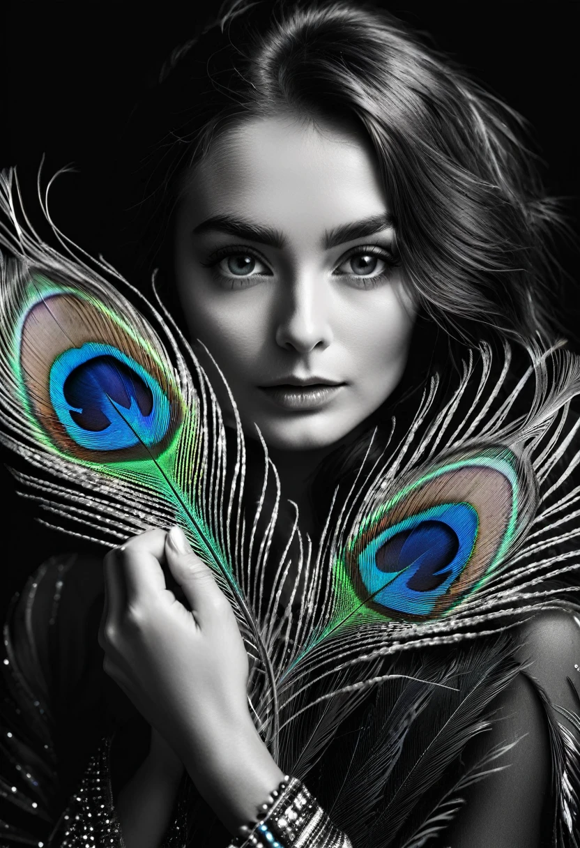 black and white, ultra clear raw photo of woman with a peacock feather, close up, dark background