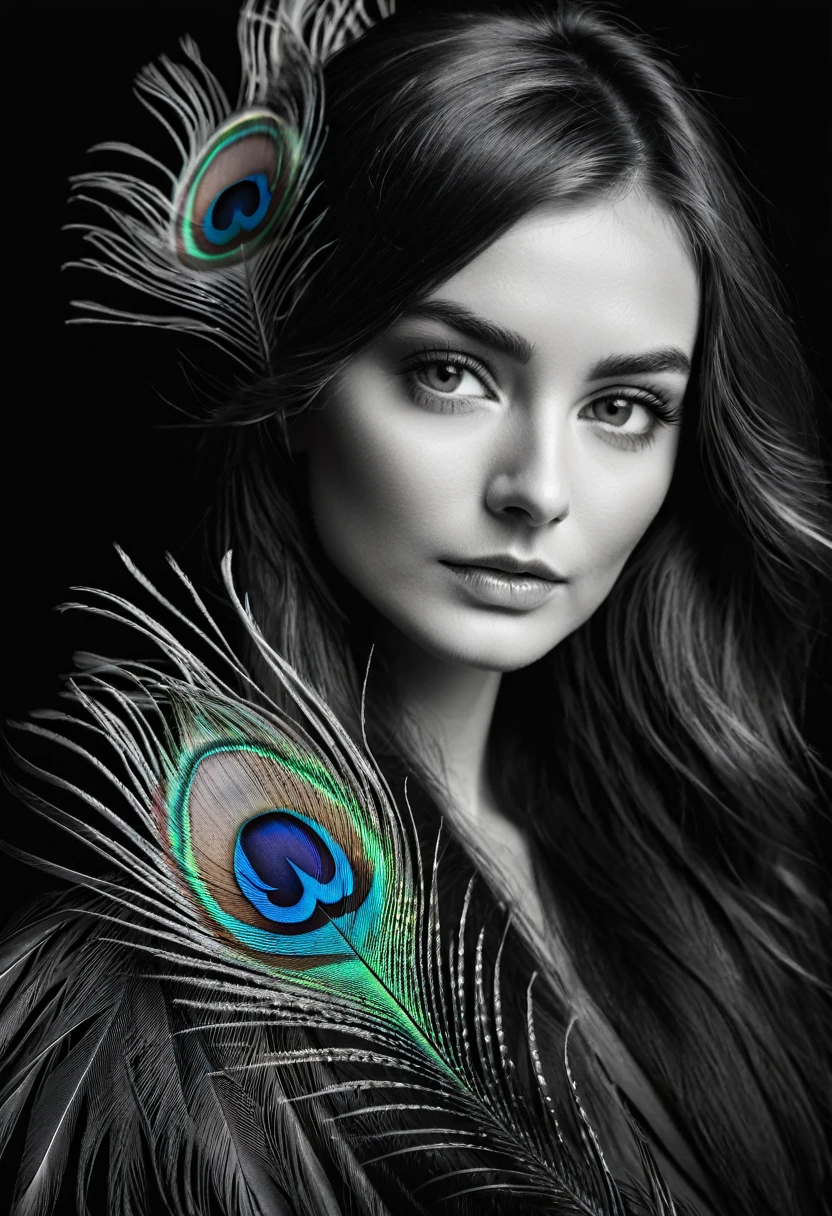 black and white, ultra clear raw photo of woman with a peacock feather, close up, dark background