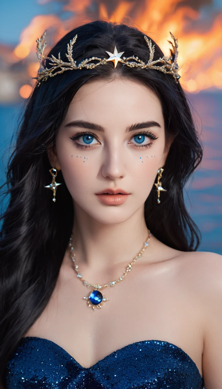 ( high quality , Extremely detailed, careful hand )Constellation-Sagittarius Goddess , Similar to Latin goodness . optimistic, fair, Funny and intelligent face . reckless, Ruthless, impatient, Overconfident style . Deep blue eyes (Eye details) , Dark blue hair,shining , Transparent dress , In the starry sea , whole body , Fire Makeup , Chiron