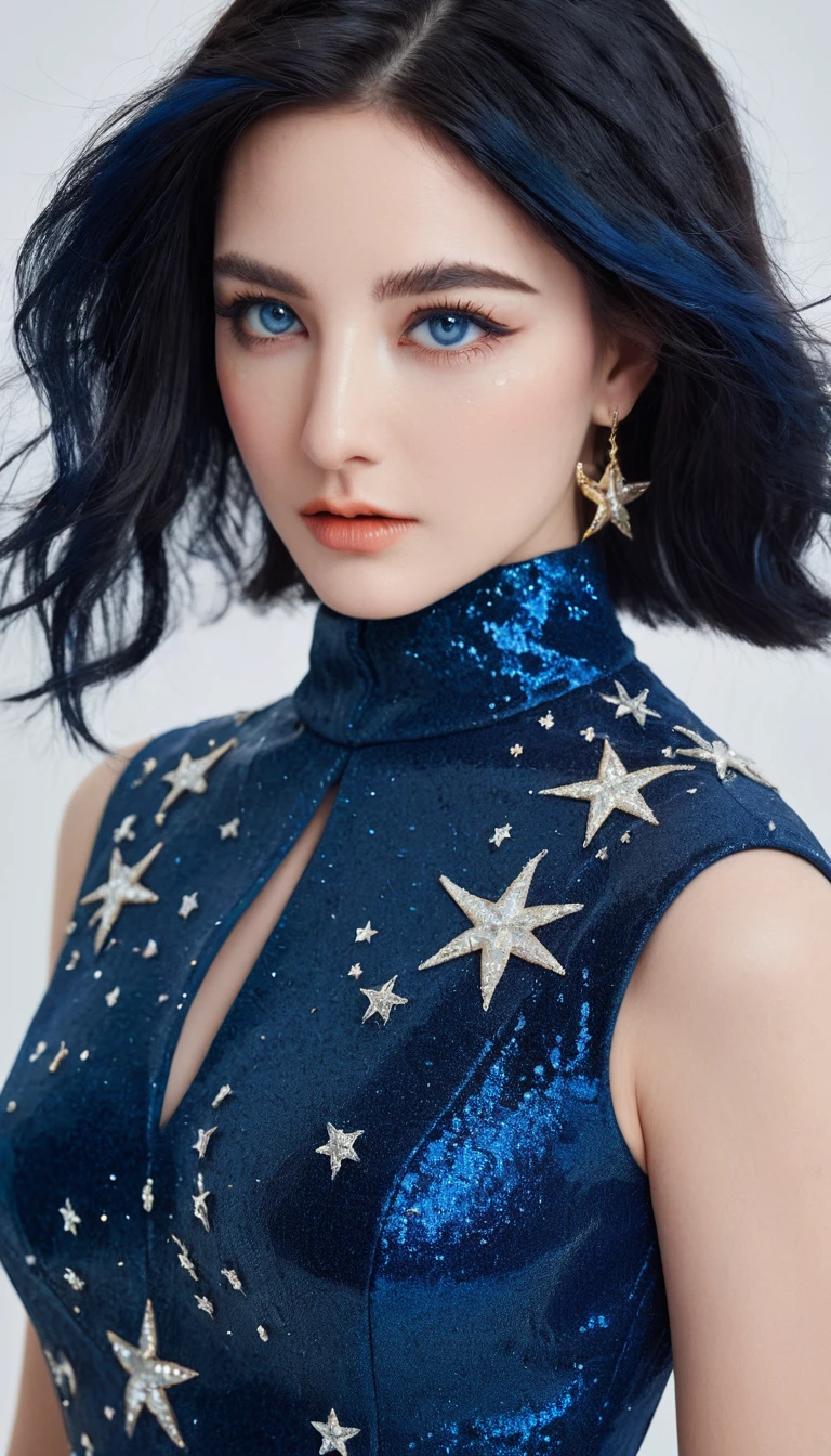 ( high quality , Extremely detailed, careful hand )Constellation-Sagittarius Goddess , Similar to Latin goodness . optimistic, fair, Funny and intelligent face . reckless, Ruthless, impatient, Overconfident style . Deep blue eyes (Eye details) , Dark blue hair,shining , Transparent dress , In the starry sea , whole body , Fire Makeup , Chiron