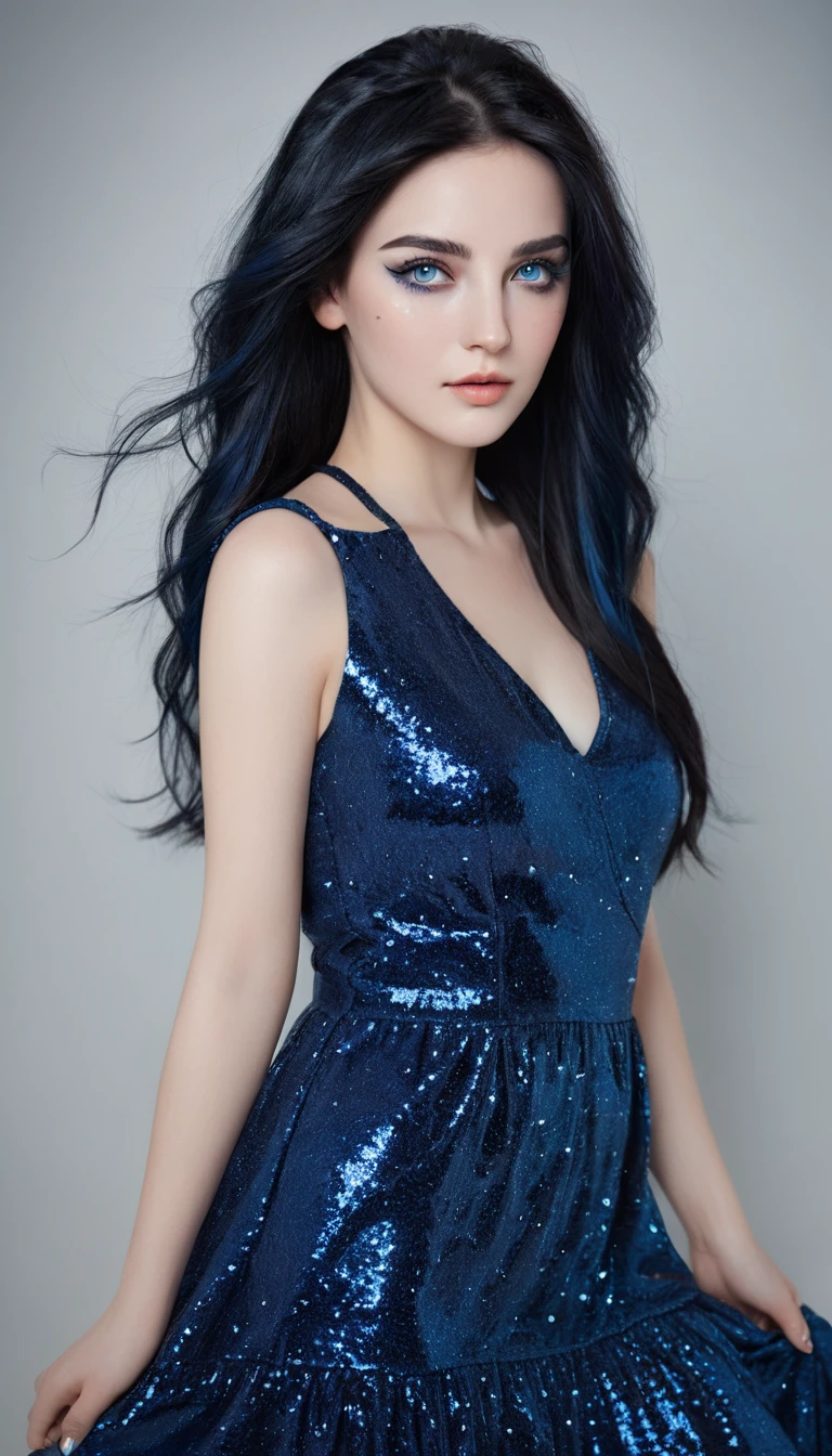 ( high quality , Extremely detailed, careful hand )Constellation-Sagittarius Goddess , Similar to Latin goodness . optimistic, fair, Funny and intelligent face . reckless, Ruthless, impatient, Overconfident style . Deep blue eyes (Eye details) , Dark blue hair，shining , Transparent dress , In the starry sea , whole body , Fire Makeup , Chiron