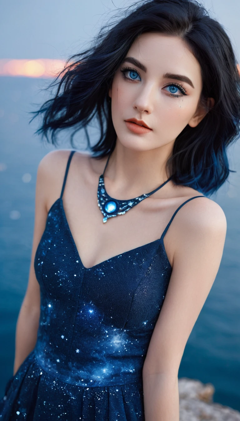 ( high quality , Extremely detailed, careful hand )Constellation-Sagittarius Goddess , Similar to Latin goodness . optimistic, fair, Funny and intelligent face . reckless, Ruthless, impatient, Overconfident style . Deep blue eyes (Eye details) , Dark blue hair,shining , Transparent dress , In the starry sea , whole body , Fire Makeup , Chiron
