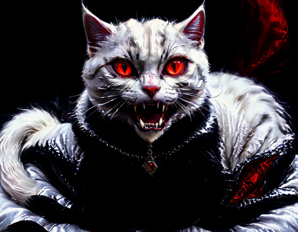 a portrait of vampiric cat, close up portrait of white cat with white fur, shiny fur, red glowing eyes, vampiric feline fangs, he has a red diamond collar, he sits on  a black velvet pillow, intricate detailed pillow, (full body shot: 1.3), dark fantasy library in the background, Ultra-high resolution, High Contrast, (masterpiece:1.5), (anatomically correct: 1.4), highest quality, Best aesthetics), best details, best quality, highres, ultra wide angle, 16k, [ultra detailed], masterpiece, best quality, (extremely detailed), Amber cat eyes, vampire teeth, 