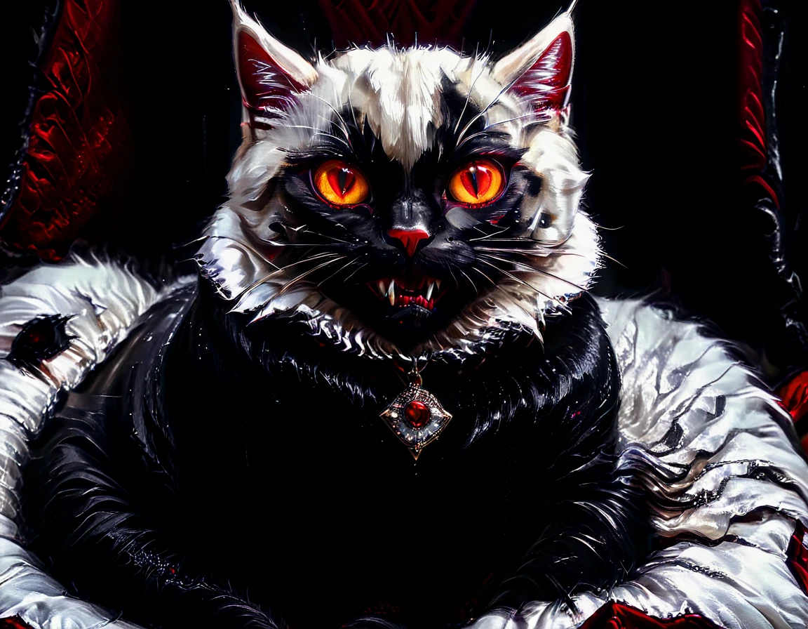 a portrait of vampiric cat, close up portrait of white cat with white fur, shiny fur, red glowing eyes, vampiric feline fangs, he has a red diamond collar, he sits on  a black velvet pillow, intricate detailed pillow, (full body shot: 1.3), dark fantasy library in the background, Ultra-high resolution, High Contrast, (masterpiece:1.5), (anatomically correct: 1.4), highest quality, Best aesthetics), best details, best quality, highres, ultra wide angle, 16k, [ultra detailed], masterpiece, best quality, (extremely detailed), Amber cat eyes, vampire teeth, 
