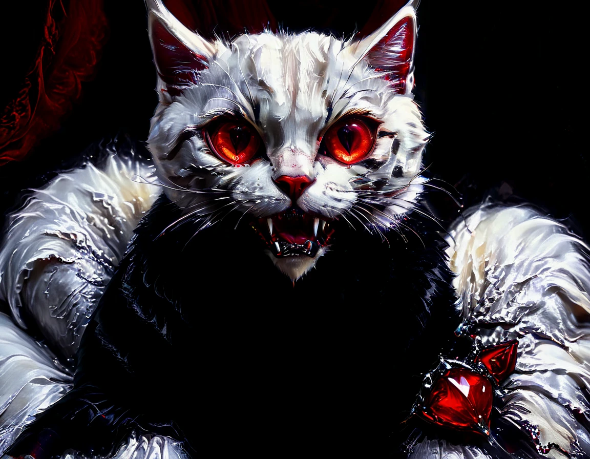 a portrait of vampiric cat, close up portrait of white cat with white fur, shiny fur, red glowing eyes, vampiric feline fangs, blood dripping from fangs, he has a red diamond collar, he sits on  a black velvet pillow, intricate detailed pillow, (full body shot: 1.3), dark fantasy library in the background, Ultra-high resolution, High Contrast, (masterpiece:1.5), (anatomically correct: 1.4), highest quality, Best aesthetics), best details, best quality, highres, ultra wide angle, 16k, [ultra detailed], masterpiece, best quality, (extremely detailed), Amber cat eyes, vampire teeth, 