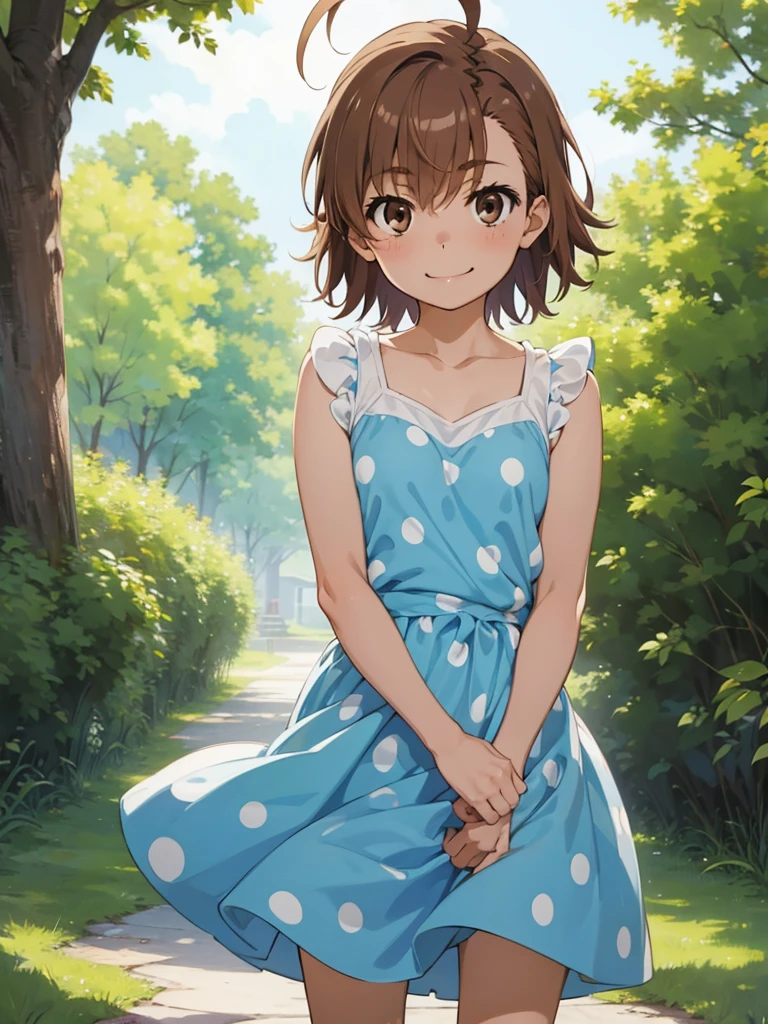 masterpiece, best quality, aalo, solo, short hair, ahoge, collarbone, polka dot dress, blue dress,
 smile, standing, outdoor,