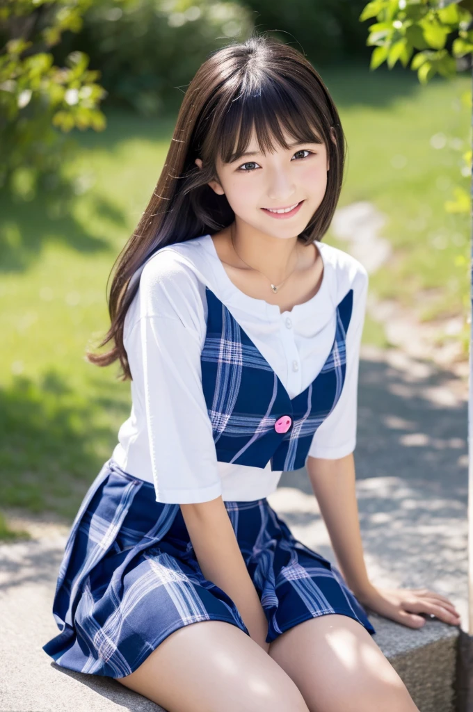 8K,masterpiece,Japanese,,from the front,smile,cute,Innocent face,Innocent,Kind eyes,Childish,Plain T-shirt,Short sleeve,Blue checked short skirt,semi-long,Hair blowing in the wind,Black Hair,Somewhat strong wind,noon,bright,Sitting、M-shaped feet, (Large Breasts:1.2),Gravure idol pose,(Emphasize the chest:1.2)