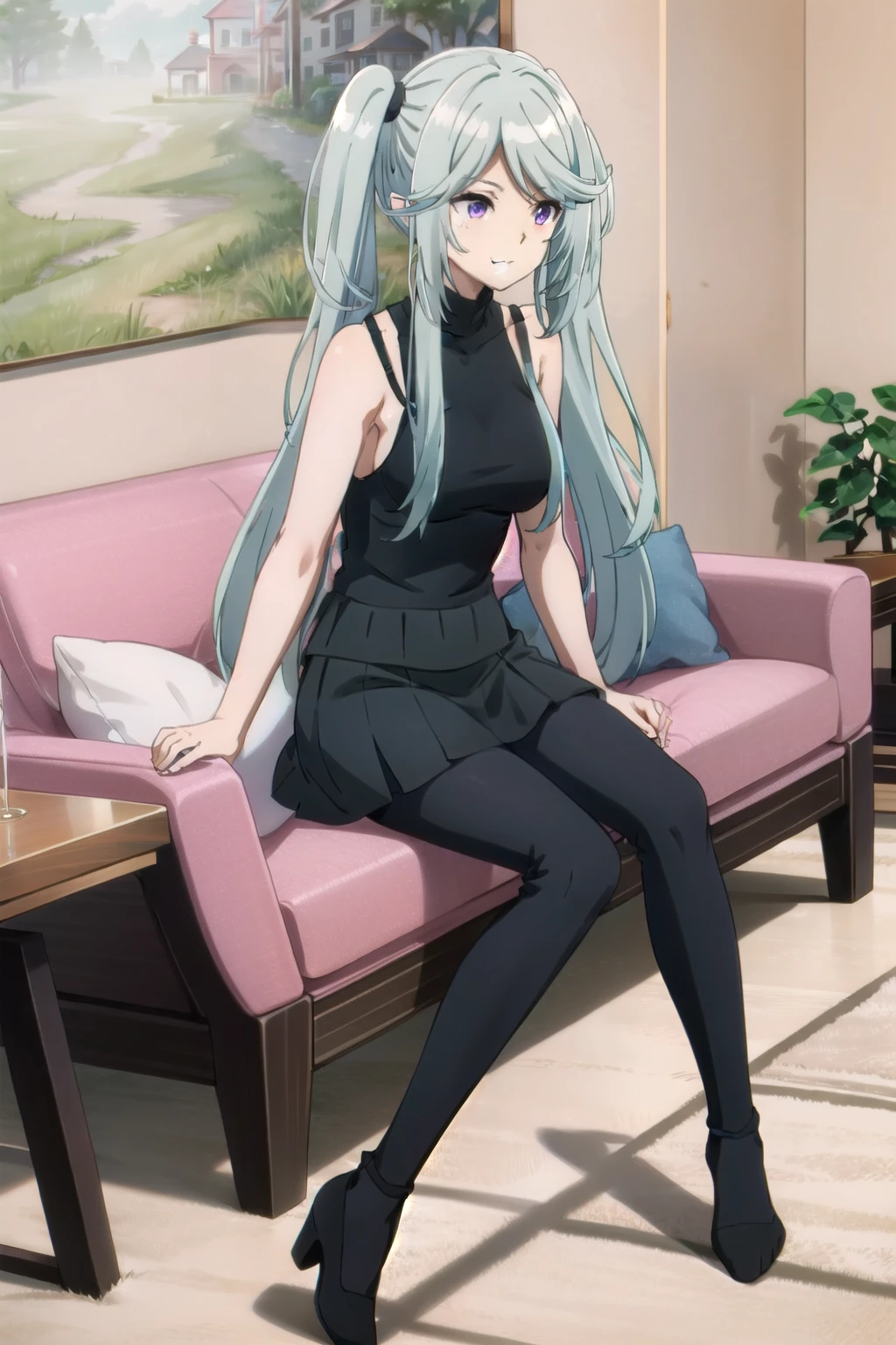 One girl, Purple eyes, Blue Hair, Twin tails, Side Lock, Long Hair, very Long Hair, bangs, expensive body, Long legs, smile, black sleeveless sweater, White peplum skirt, black kneehighs, medium breastst, bangs, Mouth closed, full body,  full body, (sit sofa), dutch angle, night, faint light, indoors, living room, on the couch