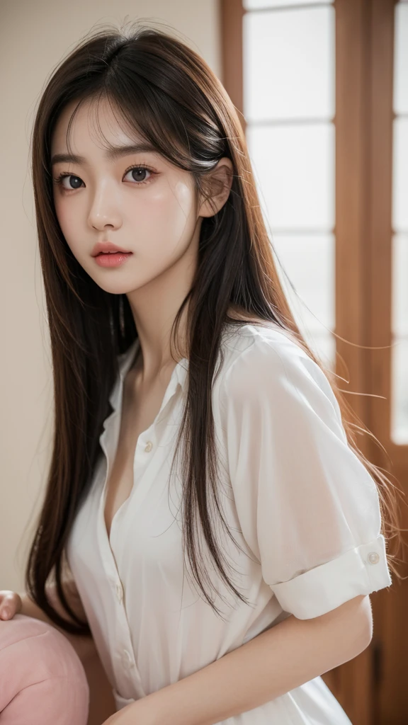 best quality, face focus, soft light, ultra high res, (photorealistic:1.4), RAW photo, 1 korean girl, solo, cute, (pupil, lights in the eyes), detailed beautiful face, (big chest),(high resolution detail of human skin texture), (long hair), indoor, Shirt Dress, (portrait)big eyes,small lip,