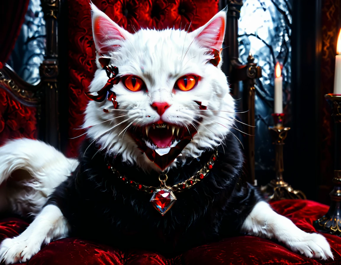 a portrait of vampiric cat, close up portrait of white cat with white fur, shiny fur, red glowing eyes, vampiric feline fangs, he has a red diamond collar, he sits on  a black velvet pillow, intricate detailed pillow, (full body shot: 1.3), dark fantasy library in the background, Ultra-high resolution, High Contrast, (masterpiece:1.5), (anatomically correct: 1.4), highest quality, Best aesthetics), best details, best quality, highres, ultra wide angle, 16k, [ultra detailed], masterpiece, best quality, (extremely detailed), Amber cat eyes, vampire teeth, 