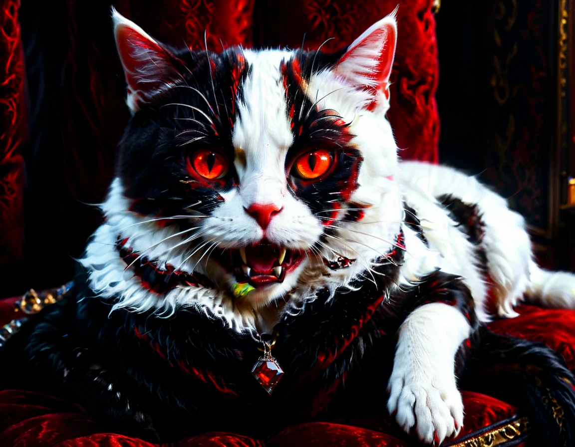 a portrait of vampiric cat, close up portrait of white cat with white fur, shiny fur, red glowing eyes, vampiric feline fangs, he has a red diamond collar, he sits on  a black velvet pillow, intricate detailed pillow, (full body shot: 1.3), dark fantasy library in the background, Ultra-high resolution, High Contrast, (masterpiece:1.5), (anatomically correct: 1.4), highest quality, Best aesthetics), best details, best quality, highres, ultra wide angle, 16k, [ultra detailed], masterpiece, best quality, (extremely detailed), Amber cat eyes, vampire teeth, 