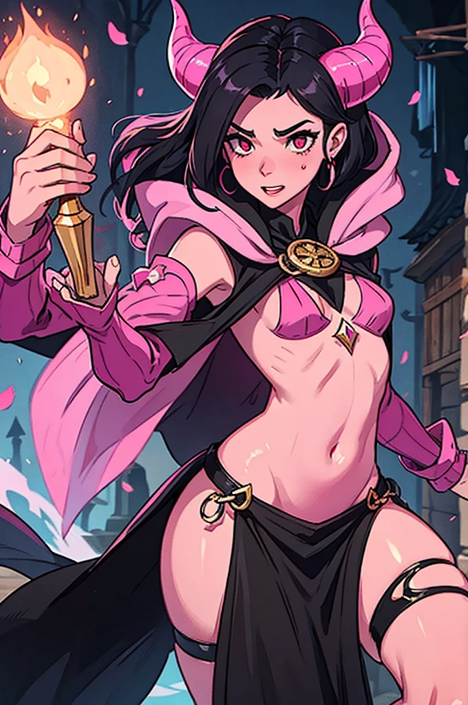 A beautiful pink-skinned woman pink as a pink-skinned devil with long black hair that goes all the way to the ground Make her like a sorceress in a setting filled with magic and mystery A character for medieval RPG she must be wearing medieval robes covering her body like a mage She must wear a medieval costume Her skin is pink pink as an avatar horns and pointed tail as a demon pink skin pink skin pink skin small horns