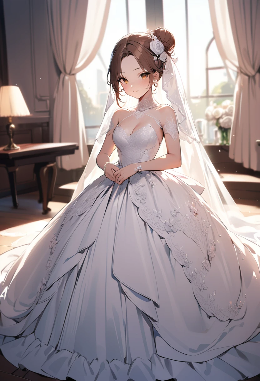 1 girl, bob, center part, forehead, brown hair, piercing, brown eyes, model posing, seductive smile,
BREAK (masterpiece), (high resolution 8K), cinematic lighting, professional lighting, detailed eyes and face, detailed body,
BREAK (wedding bun hair:1.2), (wedding dress,intricate dress, ball gown, bridal veil, bride, curtains, depth of field, dress, flower, hair flower, hair ornament, see-through,white flower, white rose:1.1)