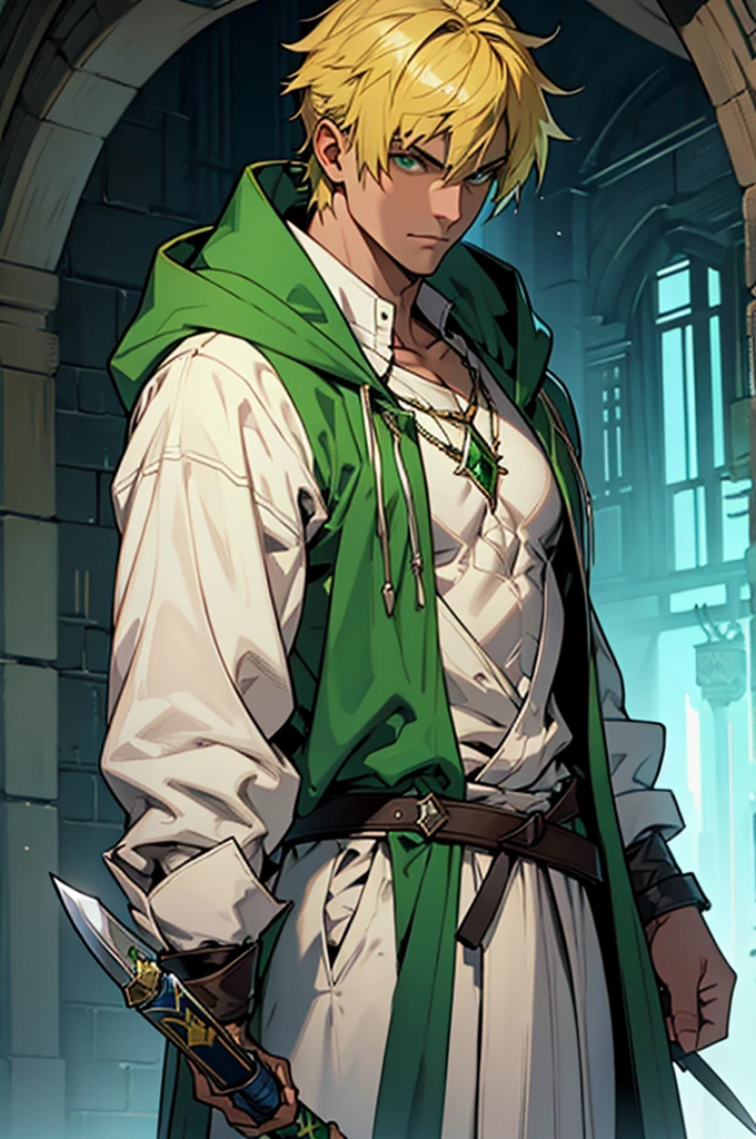saber sword with a green gem embedded in the handle with sheath on the side propped on a hooded man with his back