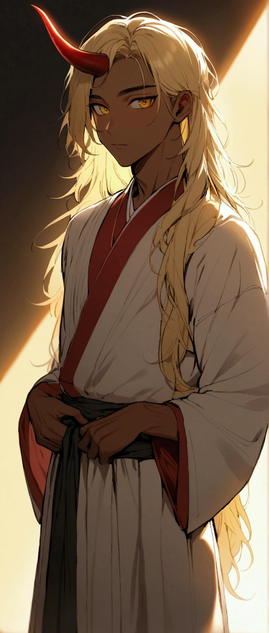 One Man,Beautiful young man with blond hair and dark skin,boy, 20-year-old, Yellow Eyes, length, Silky Hair,A red horn grows from one of its heads.,Wearing traditional Korean clothing,She has her bangs down,View your audience,masculine body,Backlight
