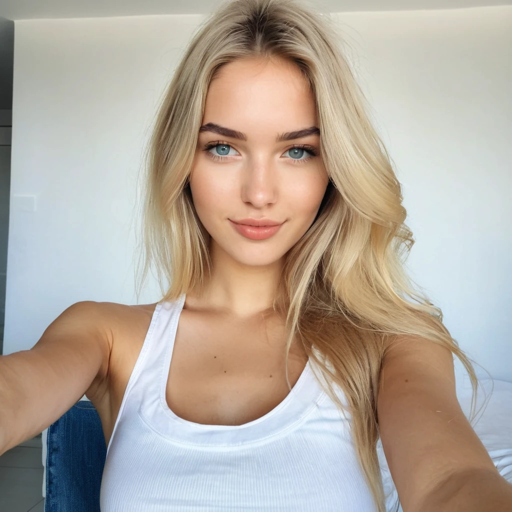 Je vois une magnifique jeune femme de 20 ans, elle vient de Grèce, Elle a de longs cheveux blonds, son teint est parfait, elle porte un haut blanc et un jean, photo brute photoréaliste de qualité iphone, photo faite maison, une belle femme, photo réaliste, fermer, Détails, heure du matin, selfie de qualité iphone à Santorin Grèce, taille