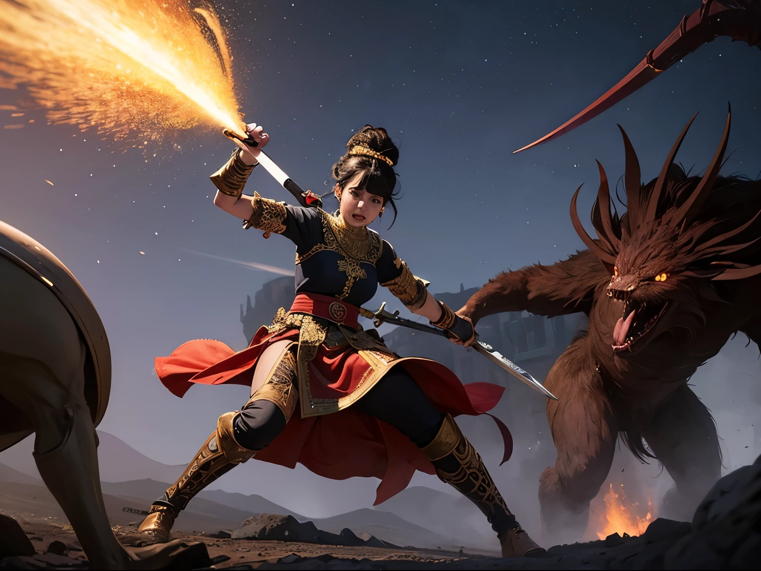 ((best quality)), ((masterpiece)), (detailed), A digital illustration of a black haired queen in extreme pain wearing traditional Indian dress fighting off enemies in an animated landscape at night with a sword in her hand, with monsters in the background.