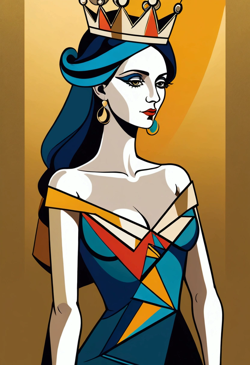 Picasso Cubism, Queen, crown, elegant dress,simple geometric shapes and lines,By color、Gradient、Shadows and other methods to enhance the visual effects and layering of graphics。 vector art style has simplicity、clean、modern visual features,Simple golden background, Death Stare, Solar eclipse background