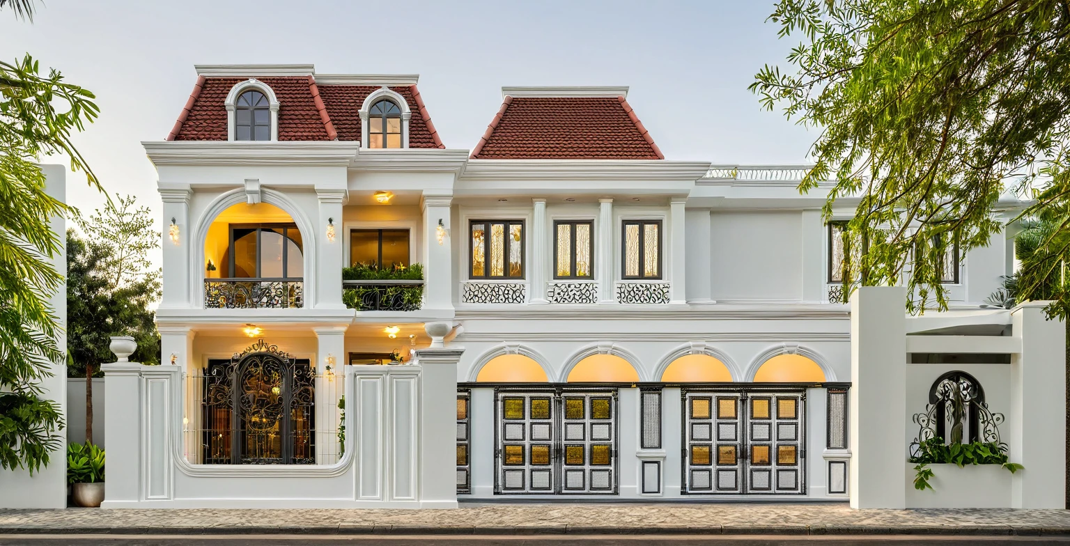neoclassical villa on the street, (daylight), tropical plants, vivid colors, streetscape, wide gate, white tones, white walls, large glass doors, warm interior lighting , wood and marble, best quality, 20ArchiAI_XL_NeoTH-v2