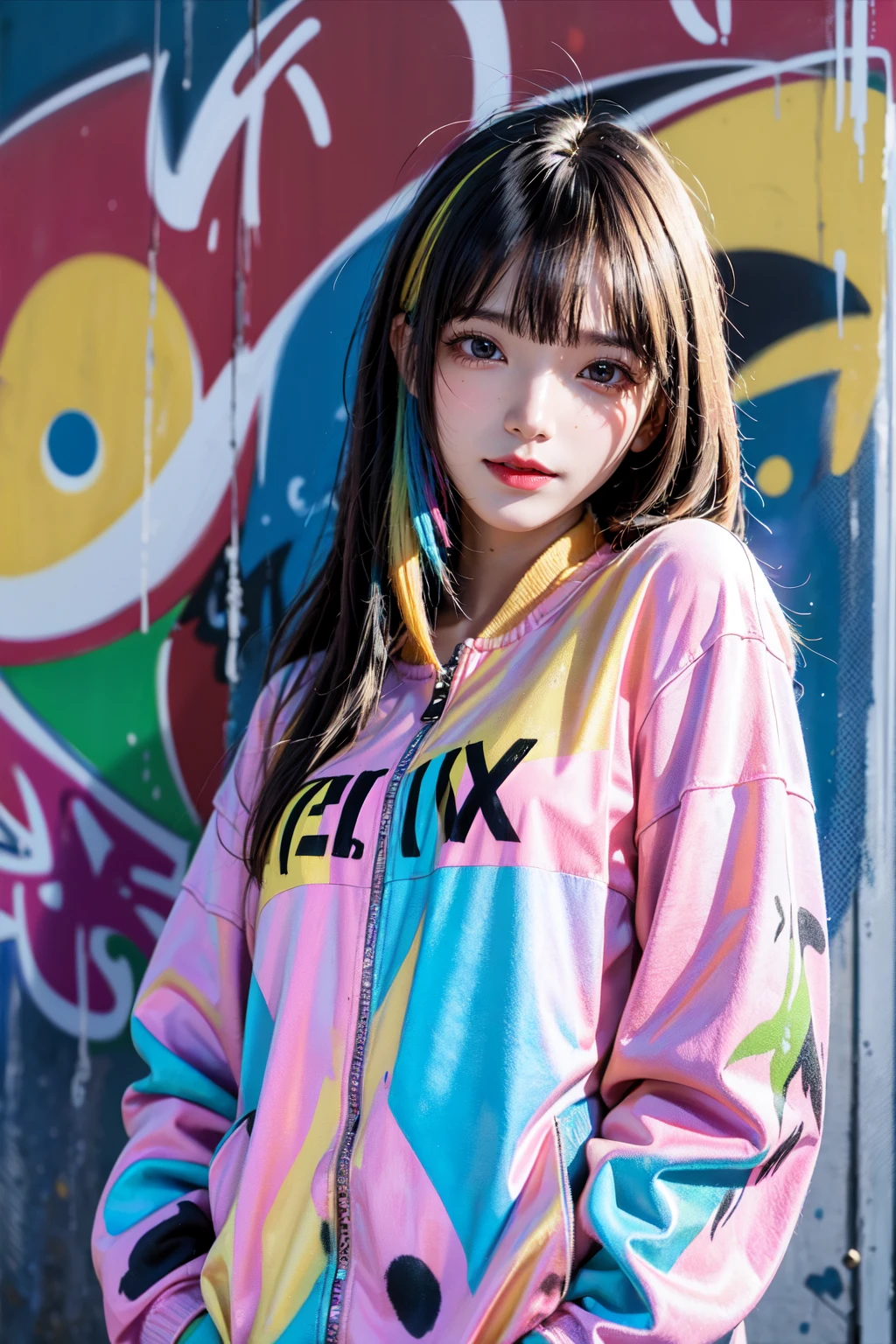 (best quality), masterpiece, Extremely detailed CG8K painting, High Color, Extremely High Color saturation, All colors are deepened, , Graffiti Art, Central Composition, Extremely detailed lighting, Graffiti Wall, Walls painted bright colors, 1 girl graffiti 1 girl looking at the wall, Very detailed face and eyes, Medium Length Hair, Sportswear, Colorful Clouds