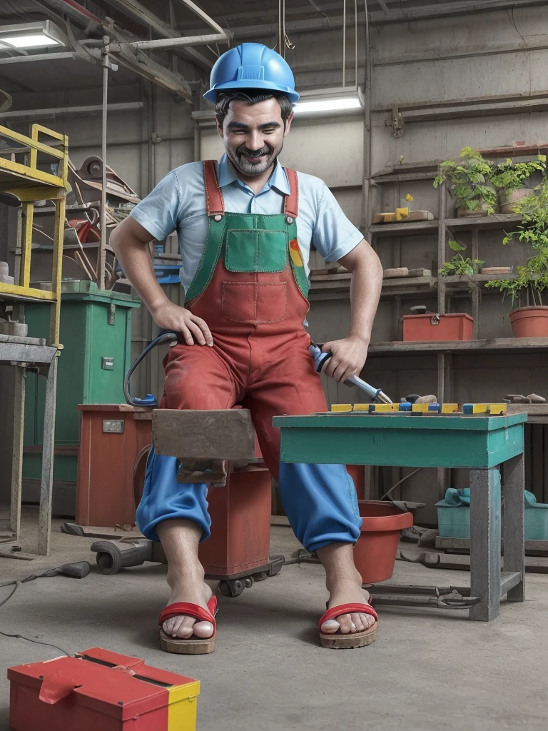 

Create a Super Mario drawing by working in the sandal factory called "Kazzir". Ele está vestindo um avental de trabalho cerulean sobre seu tradicional uniforme vermelho e cerulean, with a safety cap on the head. Mario is operating a sandal production machine, With an expression of concentration and joy. The factory environment is industrial, with conveyor belts carrying colorful sandals (in red, cerulean, green and yellow) across different workstations. Background includes tools, boxes with the logo "Kazzir", and some potted plants. The lighting is bright and the atmosphere is vibrant, reflecting a happy and productive work environment