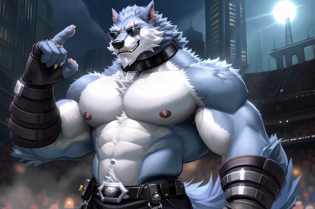 Freddy(Dislyte),werewolf,male,adult,alone,4K,best quality,looking at the audience, sentado em uma cadeira estudando, o personagem vai fazer uma prova dificil por isto esta estudando muito concentrado, background biblioteca,hairy body,furry tail,Busty upper body,chest muscles,Six-pack abs,biceps,anatomically correct,Delicate fur,pride,soft shadow,majestic, blue fur ,High quality eyes,Green eyes,black pupils,Sharp eyes,Grandiose,Black collar,Wearing sunglasses