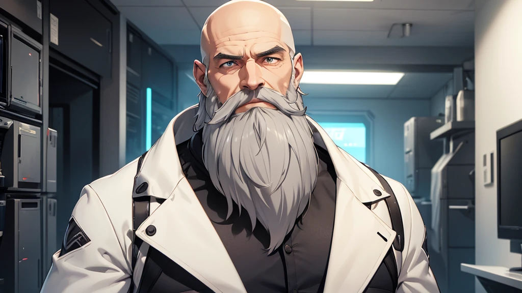 Make a man with a long beard and shaved hair, It will be in a futuristic setting. He must be around 50 years old, with a gray beard and must be strong