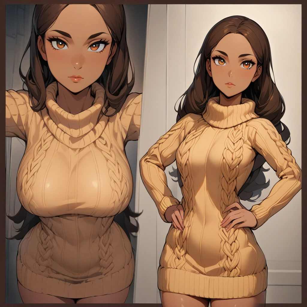 1 human girl, beautiful, in a room, masterpiece, highly detailed, upper_body, Round_breasts, looking at viewers, wearing a Knit sweater dress with cable patterns, there is a wall mirror on left with dark_brown border, standing Hands on Hips, Eyes Large, almond-shaped, dark brown, Nose Narrow and slightly hooked, Lips are Medium, natural pink, Hair Long, straight, dark brown, Skin Tone Warm medium with a golden undertone, Eyebrows Thick and arched, Cheekbones is High and defined, Chin is Rounded, ears are Small and close to the face, Resilient and determined